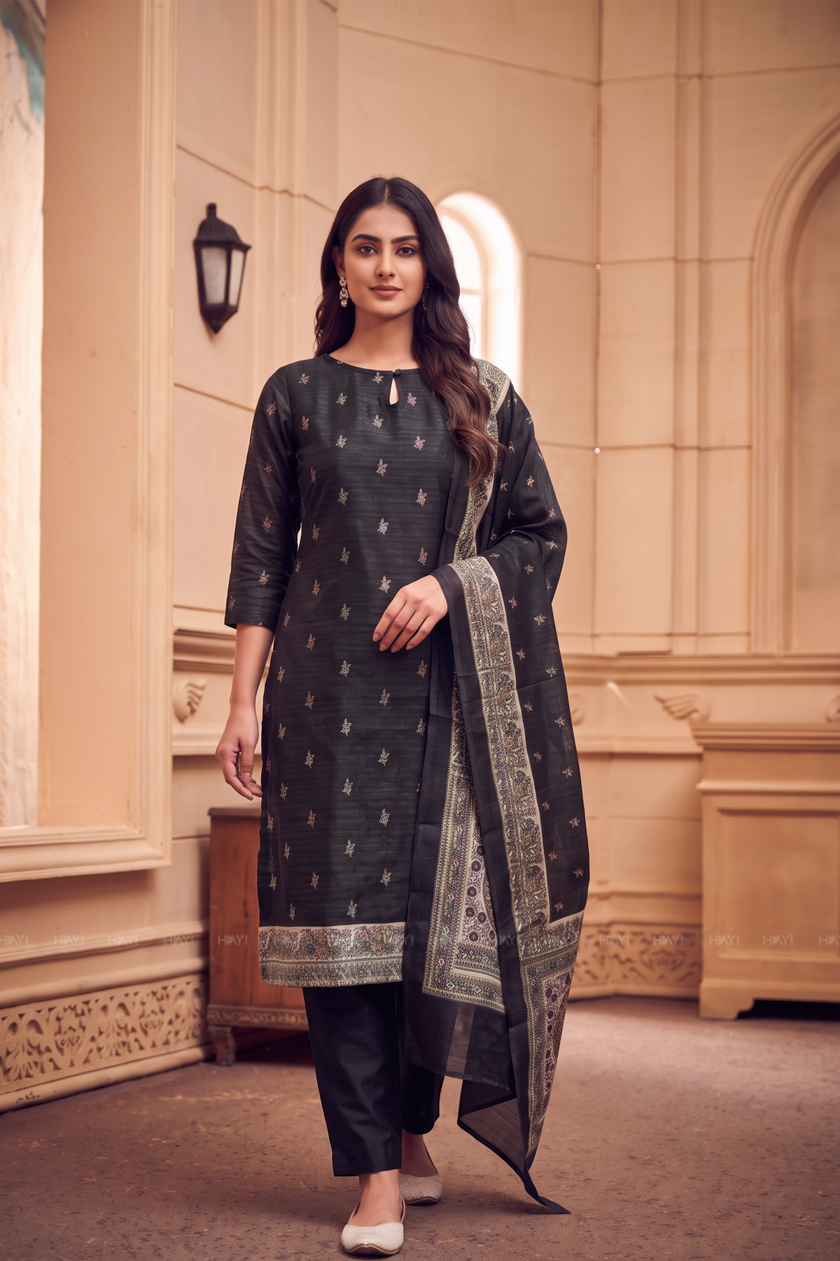Moonlit Motif Black Silk Blend Printed 3-Piece Kurta Set