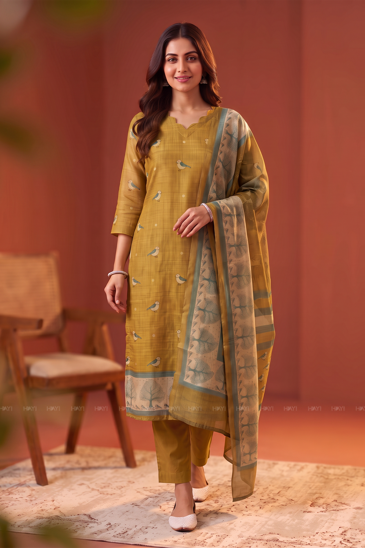 Birdsong Bloom Golden Yellow Silk Blend 3-Piece Kurta Set