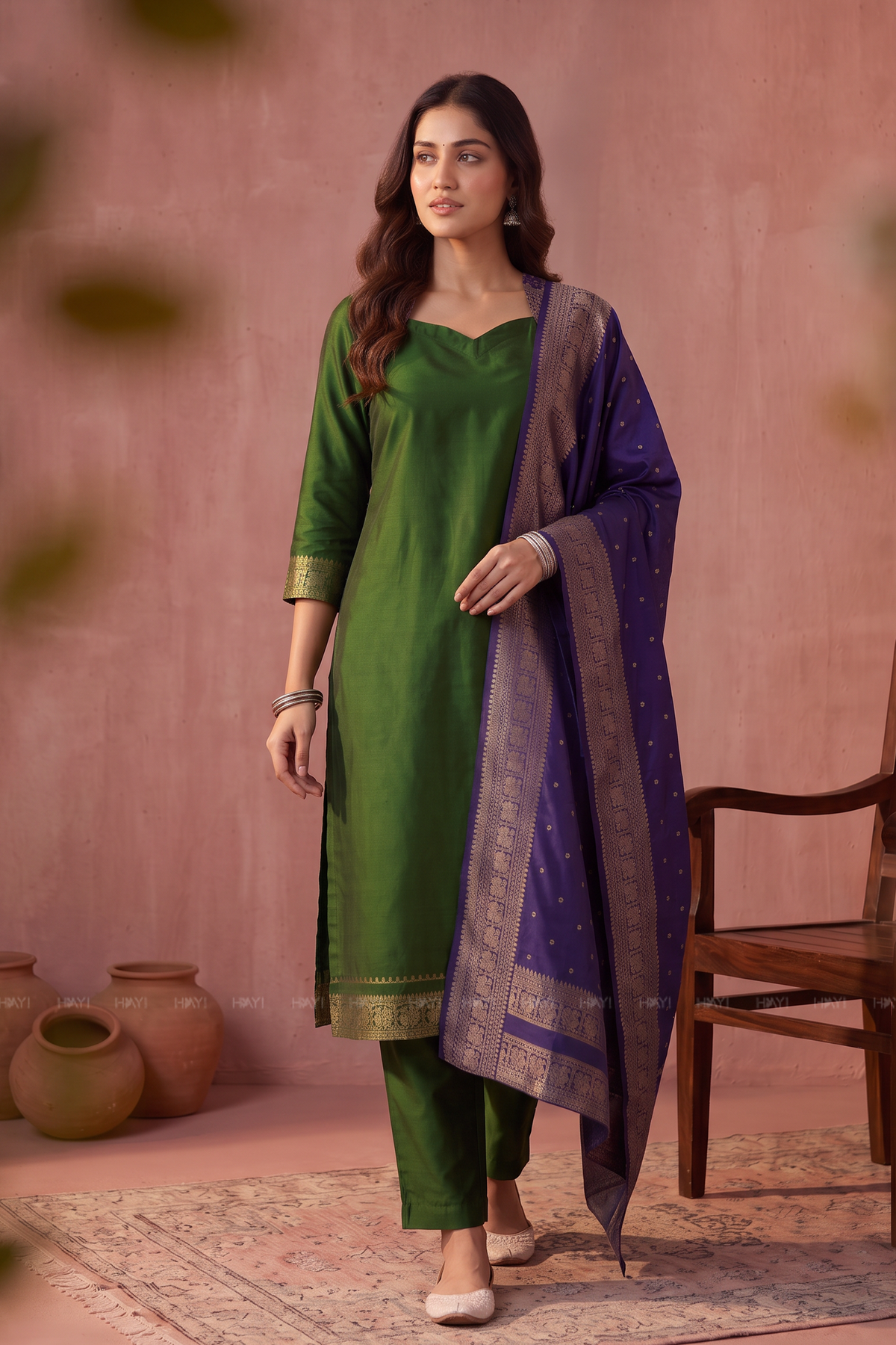 Heritage Hues Green Silk Blend 3-Piece Woven Kurta Set