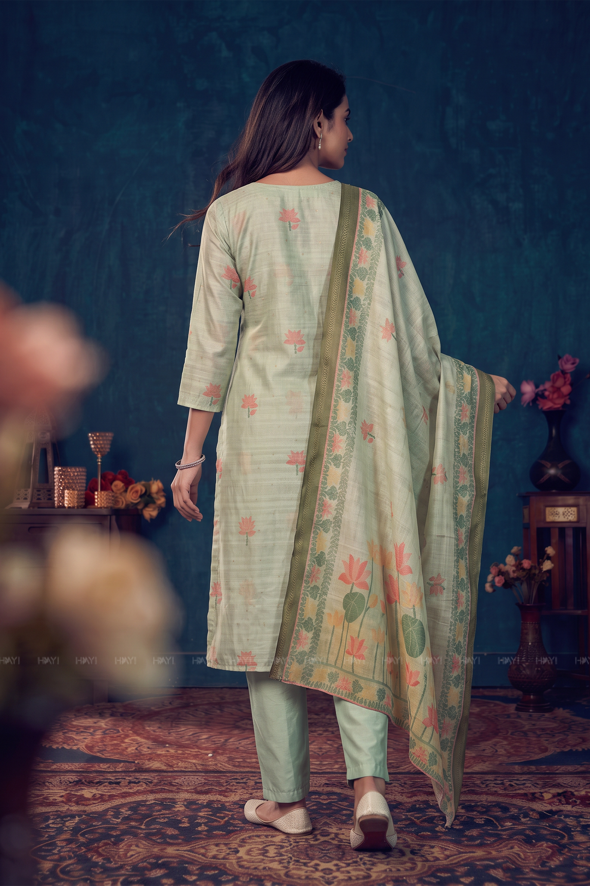 Petal Breeze Green Tussar Silk Blend 3-Piece Printed Kurta Set