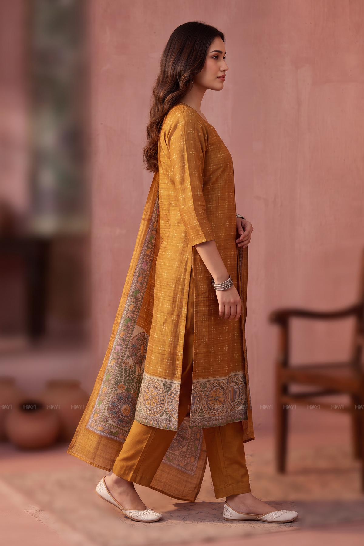 Earthy Grace Mustard Silk Blend Printed 3-Piece Kurta Set