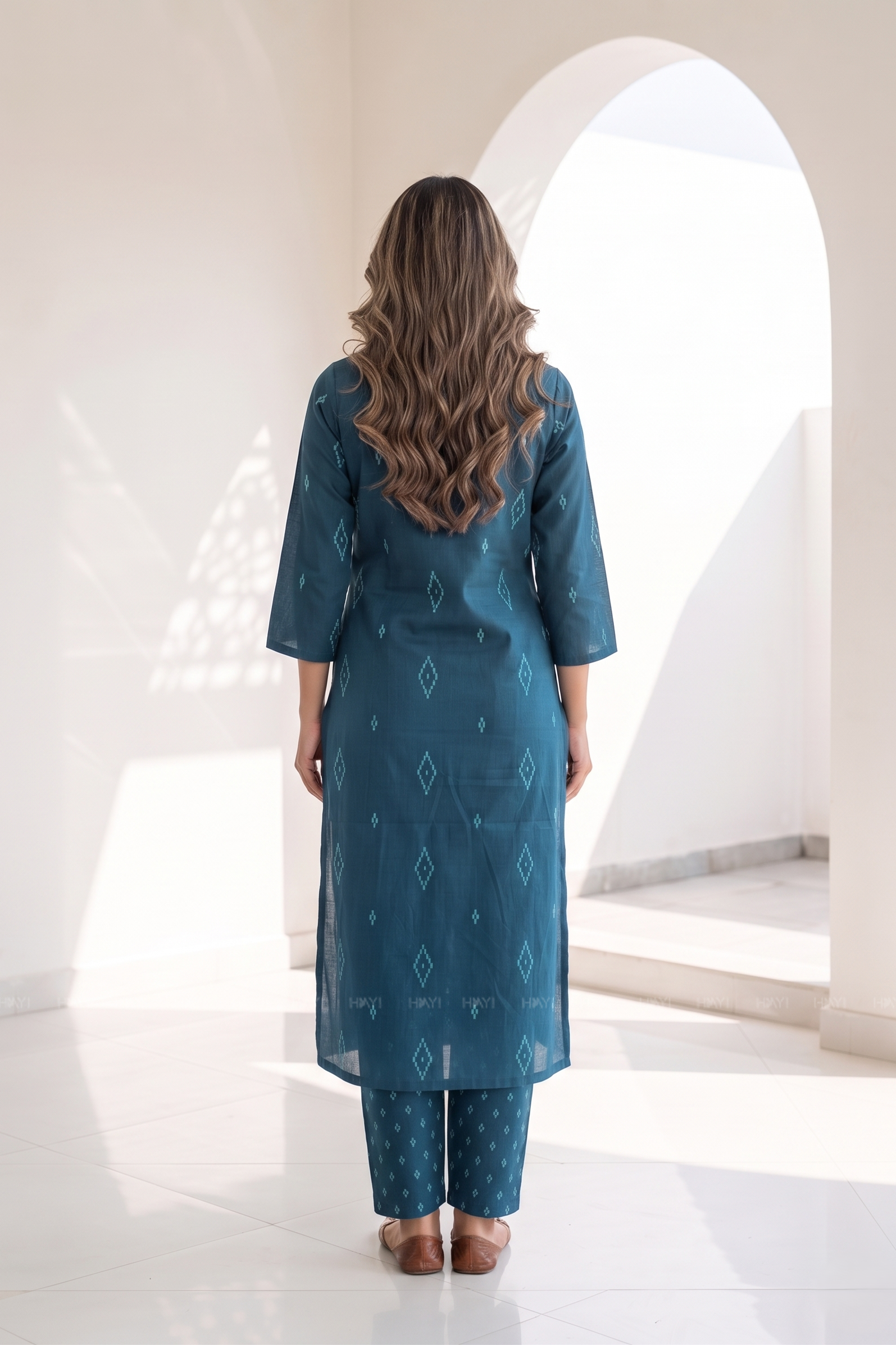 Blue Mosaic Collared V-Neck Co-Ord Set