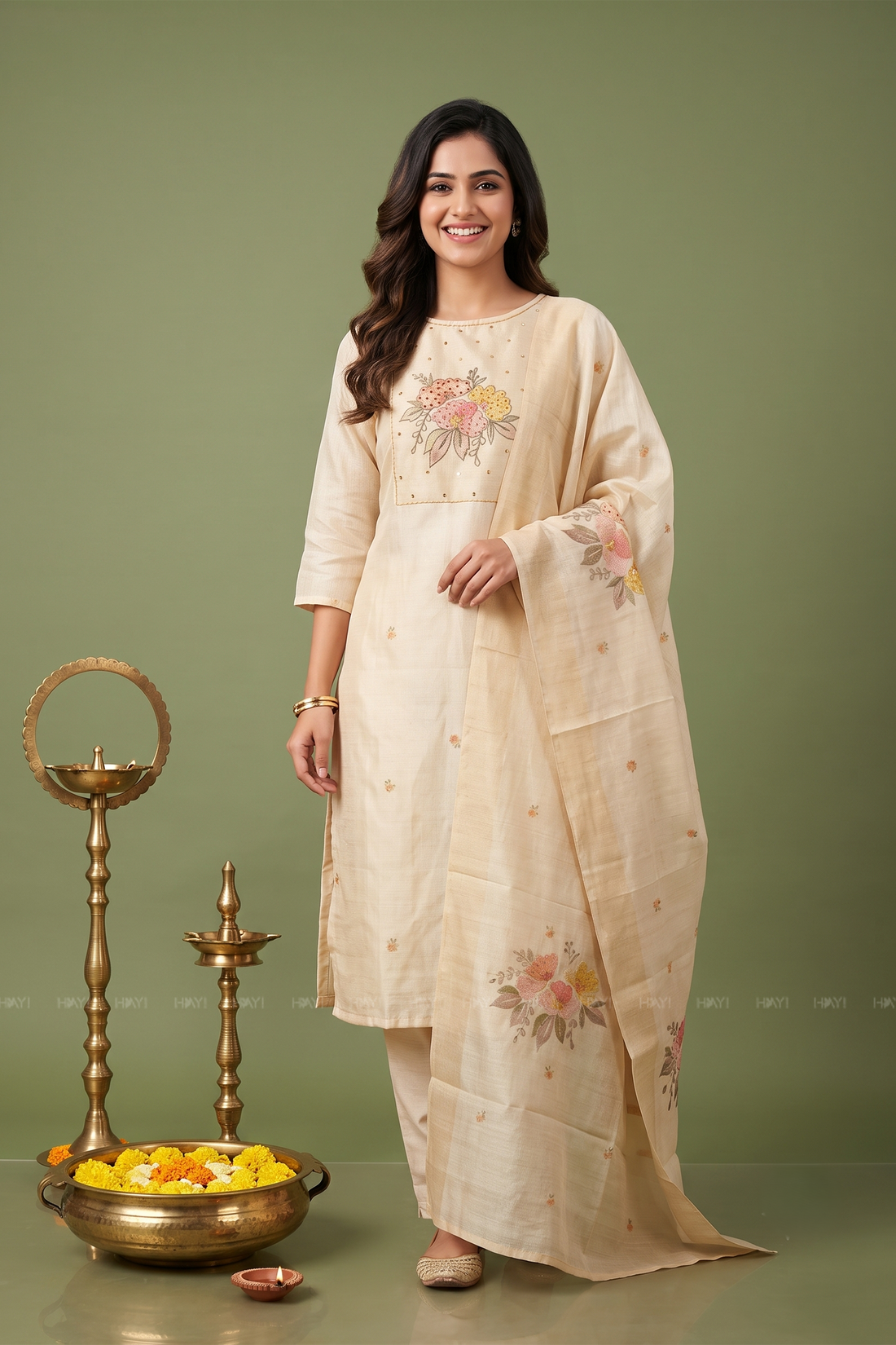 Fable Blossom Embroidered 3 Piece Butter Silk Blend Kurta Set with Dupatta