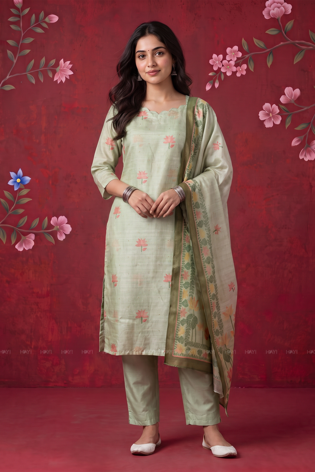 Petal Breeze Green Tussar Silk Blend 3-Piece Printed Kurta Set