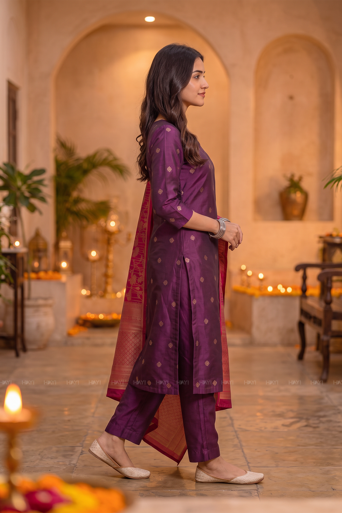 Blooming Amethyst Purple Silk Blend Jacquard Woven 3-Piece Kurta Set
