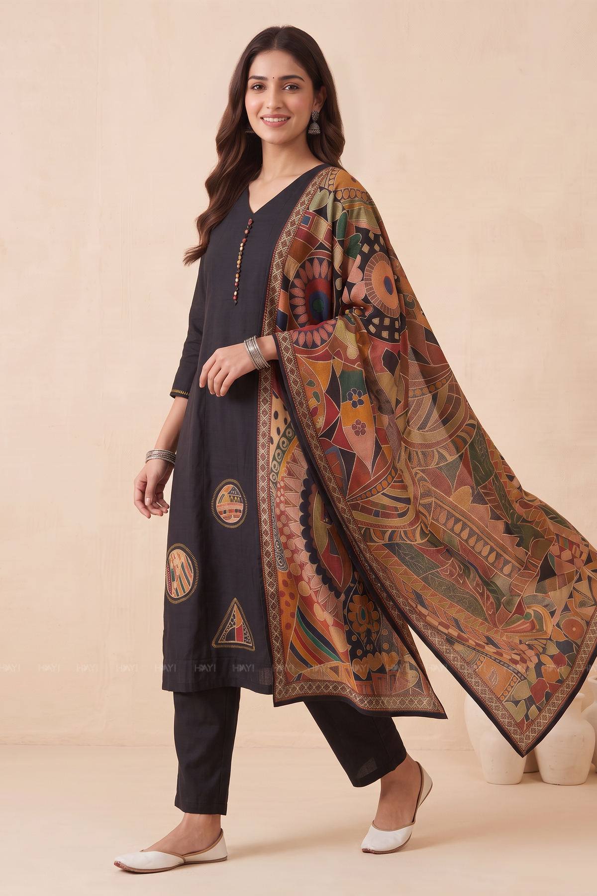 Artisan Mosaic Black Silk Blend Printed &amp; Embroidered 3-Piece Kurta Set