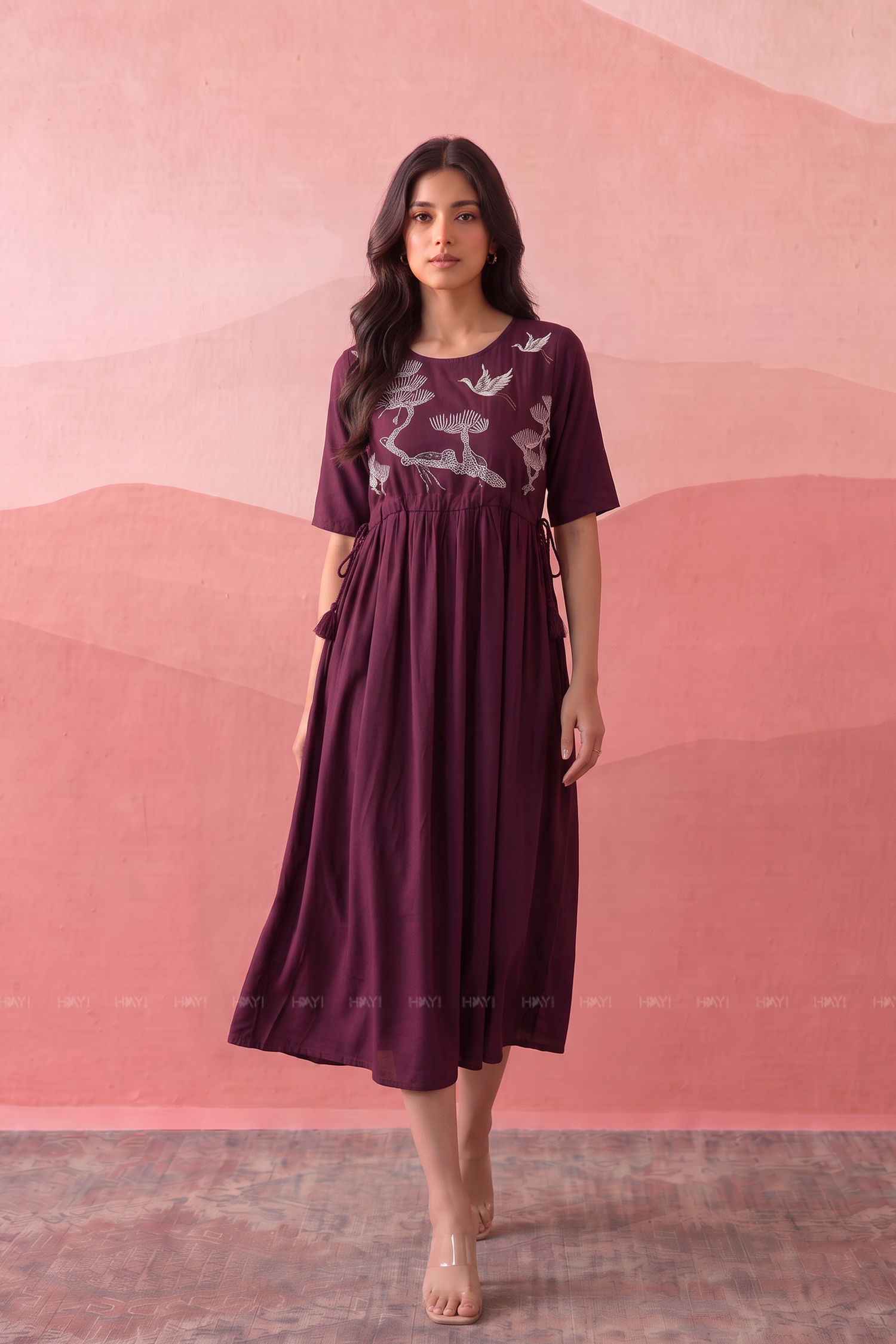 Plum Sparrow Maroon Embroidered Umbrella Dress