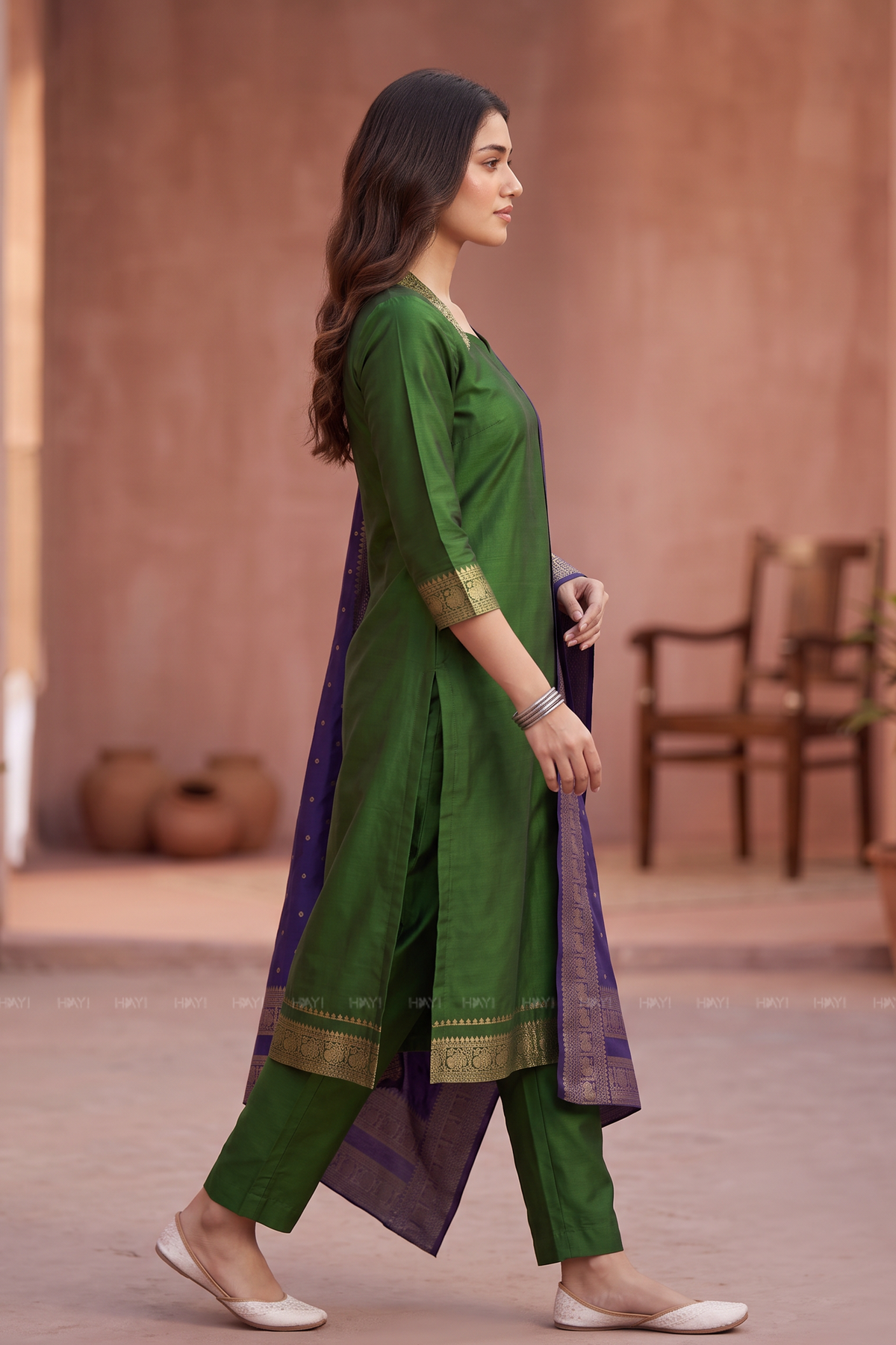 Heritage Hues Green Silk Blend 3-Piece Woven Kurta Set