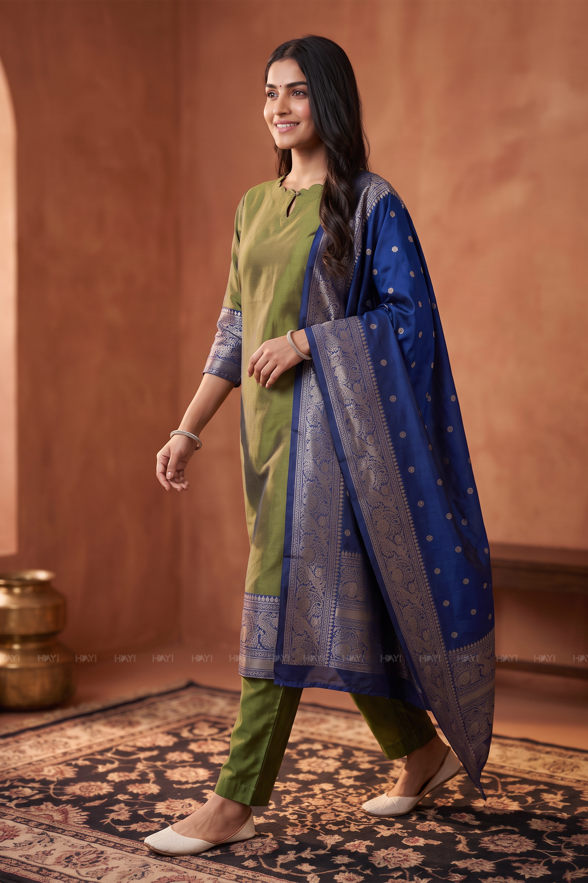Olive Glow Green Silk Blend 3-Piece Woven Kurta Set