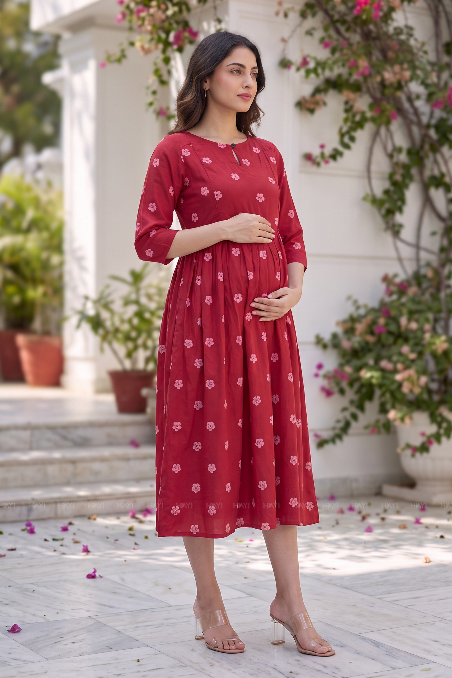 Leafy Grace Red Printed Maternity Maxi Dress