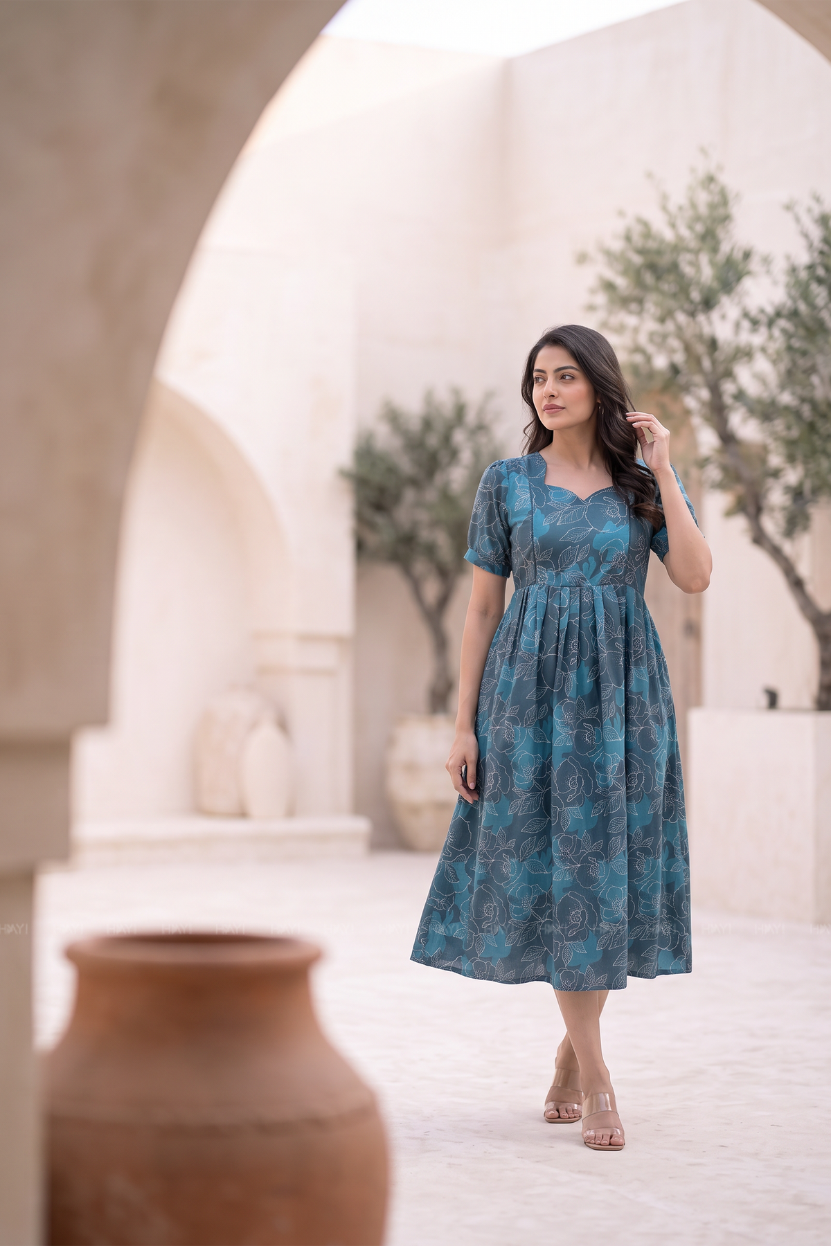Whimsical Botanical Teal Printed Maternity Maxi Dress