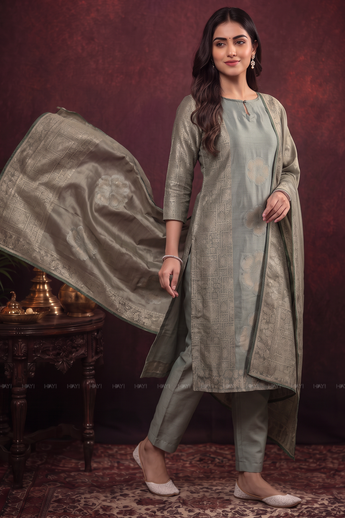 Sage Mist Green Silk Blend Jacquard 2-Piece Kurta Set