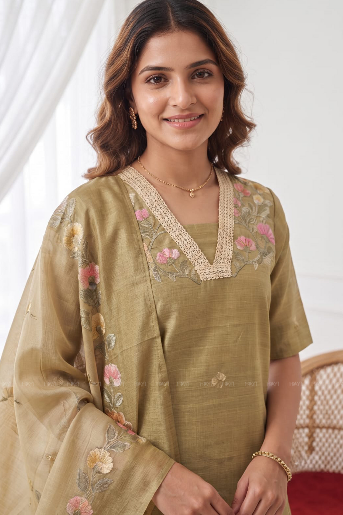 Classic Natural Yellow 3-Piece Tussar Silk Blend Floral Hand-Embroidered Kurta with Pant &amp; Dupatta