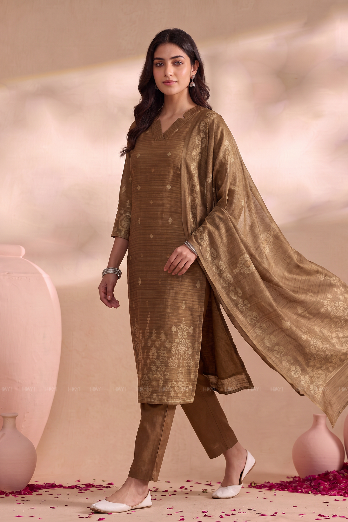 Oakwood Elegance Golden Yellow Silk Blend Printed 3-Piece Kurta Set