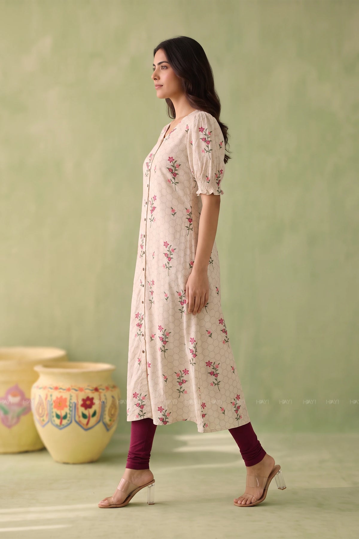 Little Flora Beige Floral Printed Viscose A-Line Kurta