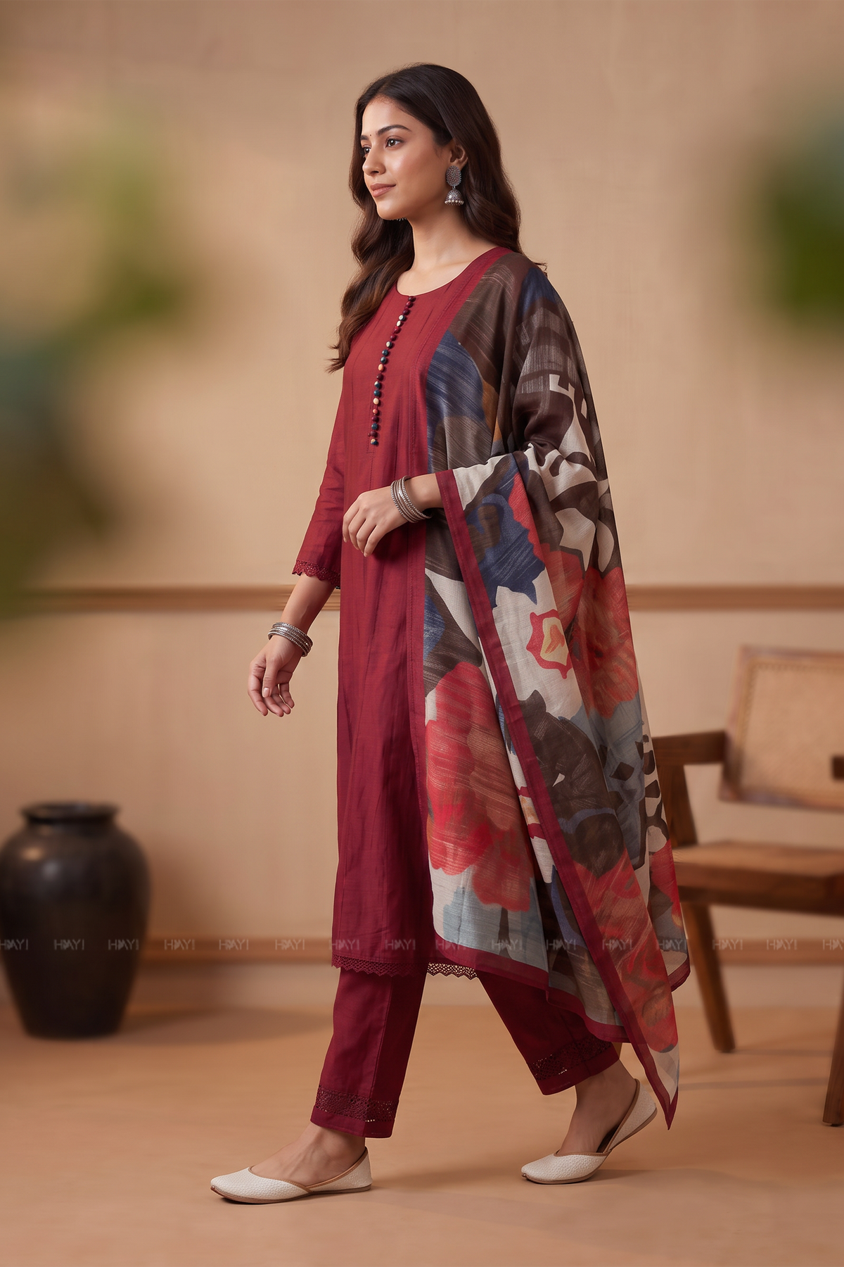 Berry Cascade Red Silk Blend Printed 3-Piece Kurta Set