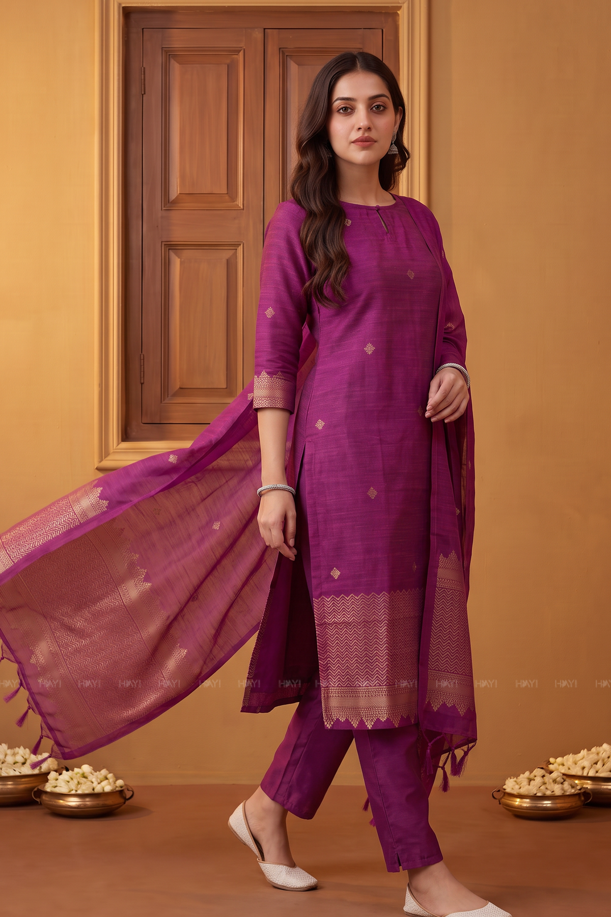 Purple Grace Silk-Blend Zari Weave 3-Piece Kurta Set