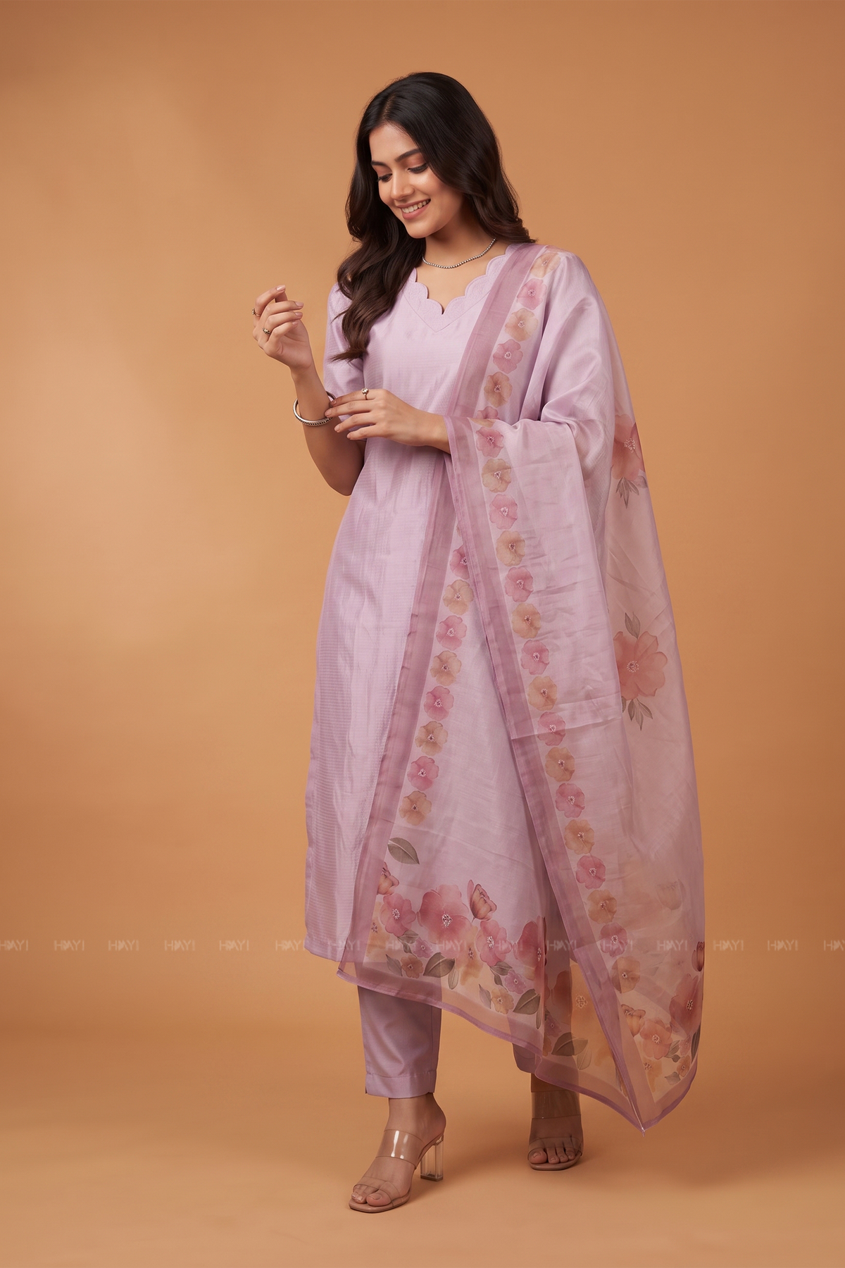 Lilac Blossom 3 Piece Crush Silk Blend Hand-Embroidered Kurta with Pant &amp; Dupatta