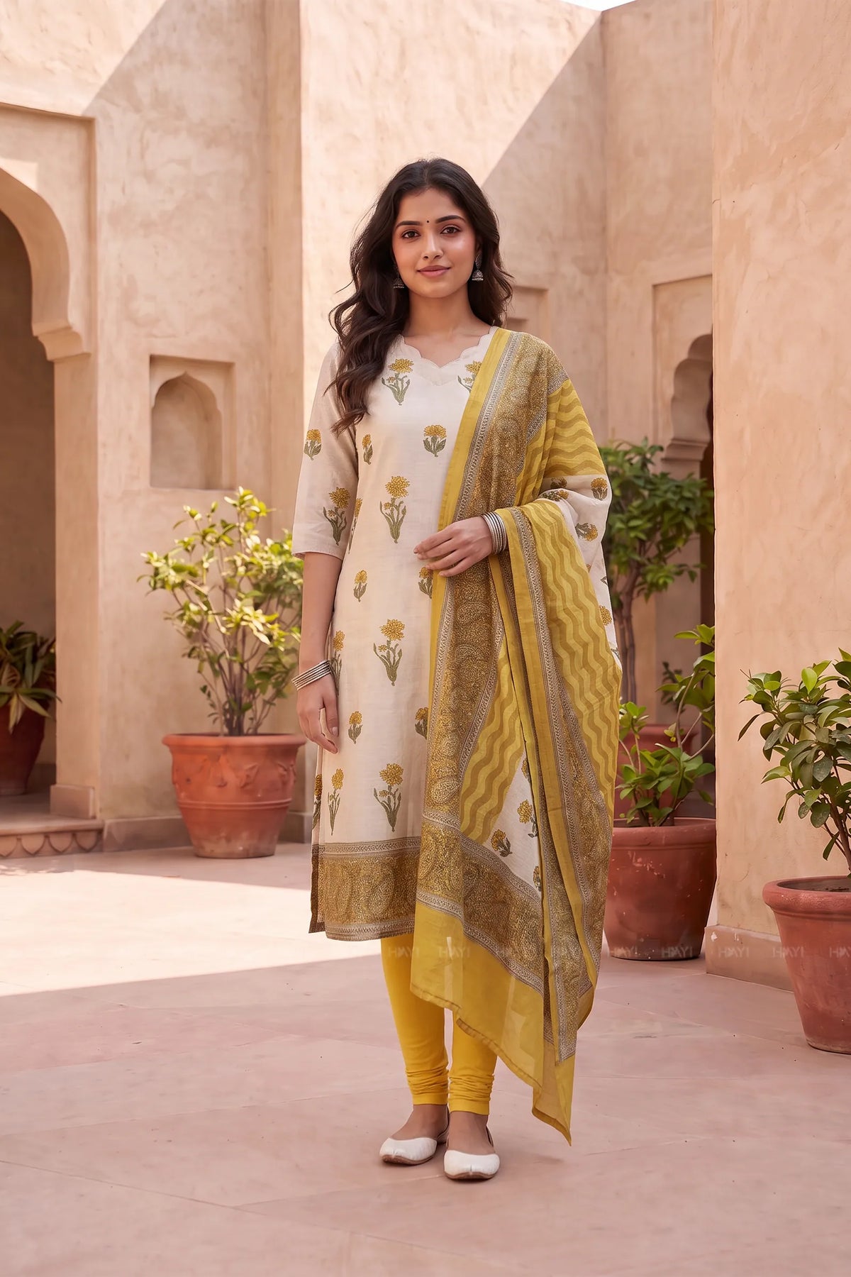 Marigold Meadow Beige Tussar Silk Blend Floral Printed 3-Piece Kurta Set