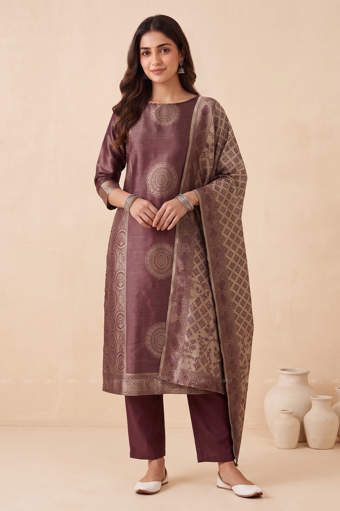 Zaribloom Maroon Silk Blend Jacquard 2-Piece Set