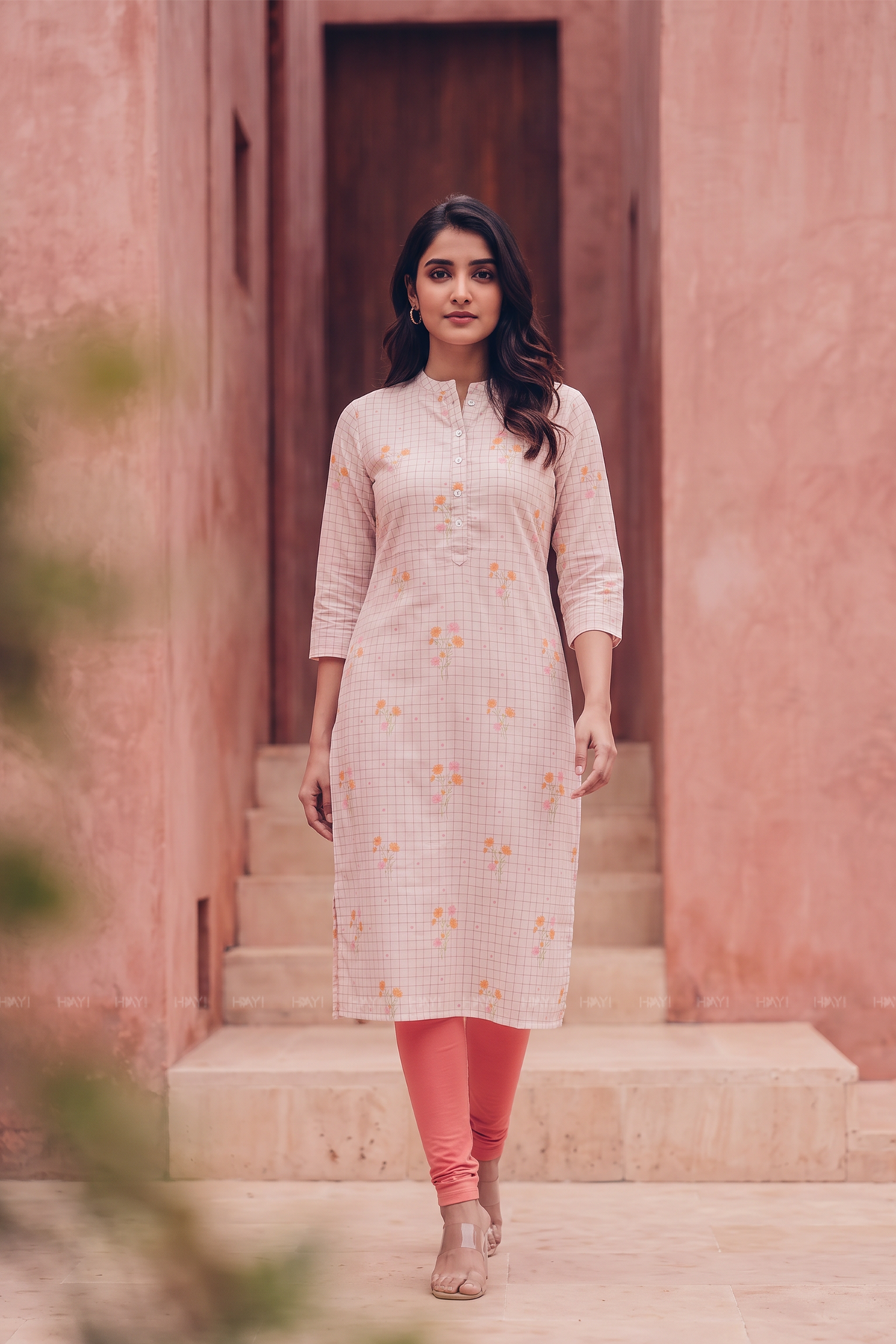 Bloom Grid Beige Linen Blend Floral Printed Kurta with Chinese Collar