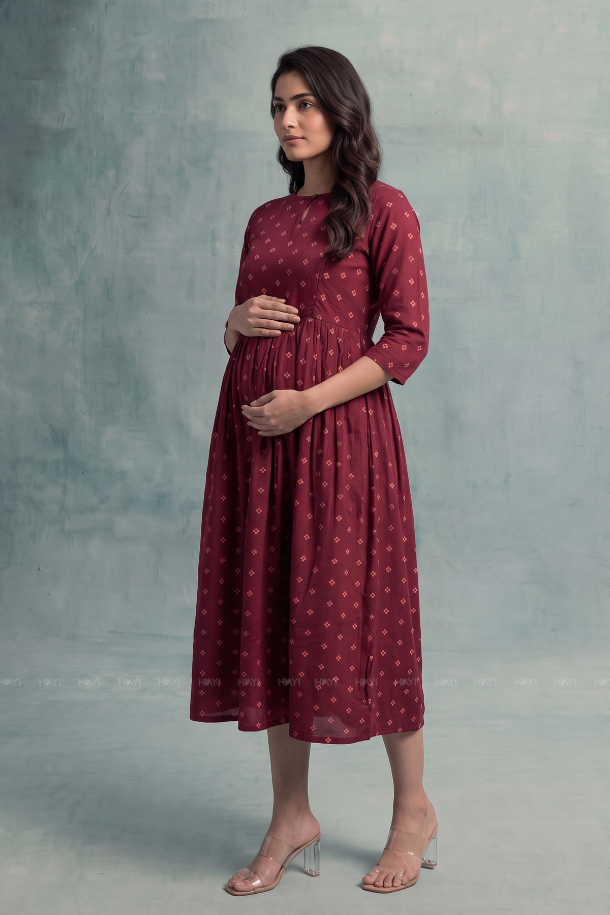 Berry Belle Maroon Printed Maternity Maxi Dress
