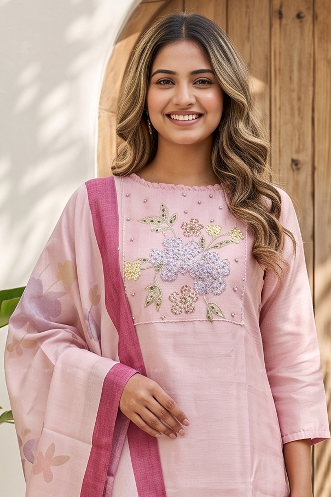 Rose Mist Light Pink 3 Piece Tussar Silk Blend Floral Embroidered &amp; Printed Kurta with Pant &amp; Dupatta