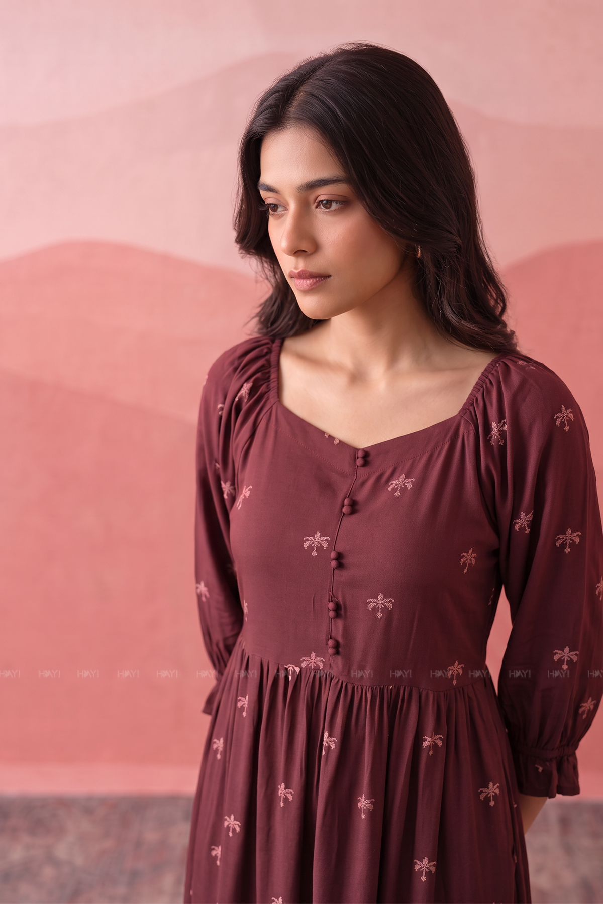 Palm Whisper Printed Maroon Dress