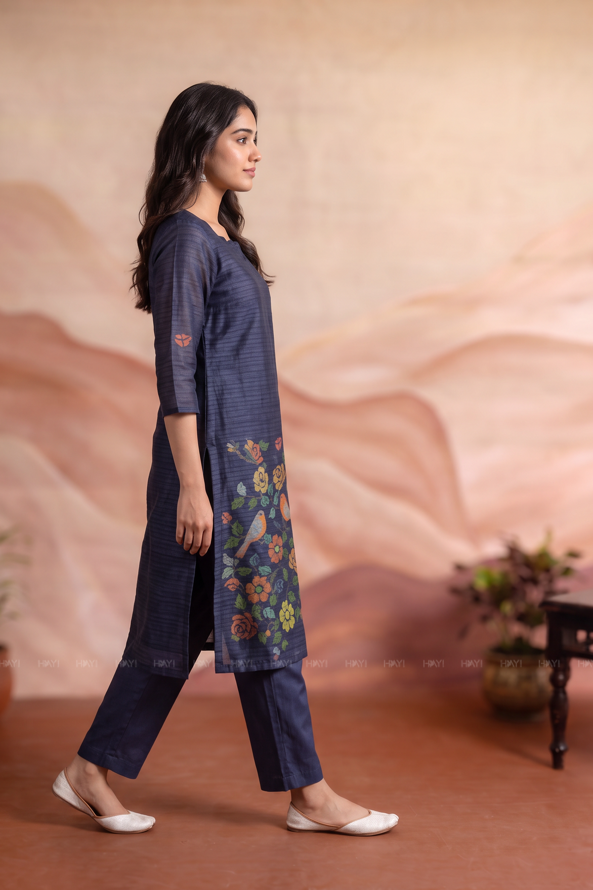 Bird Botanica Blue Tussar Silk Blend Floral Printed 3-Piece Kurta Set with Dupatta