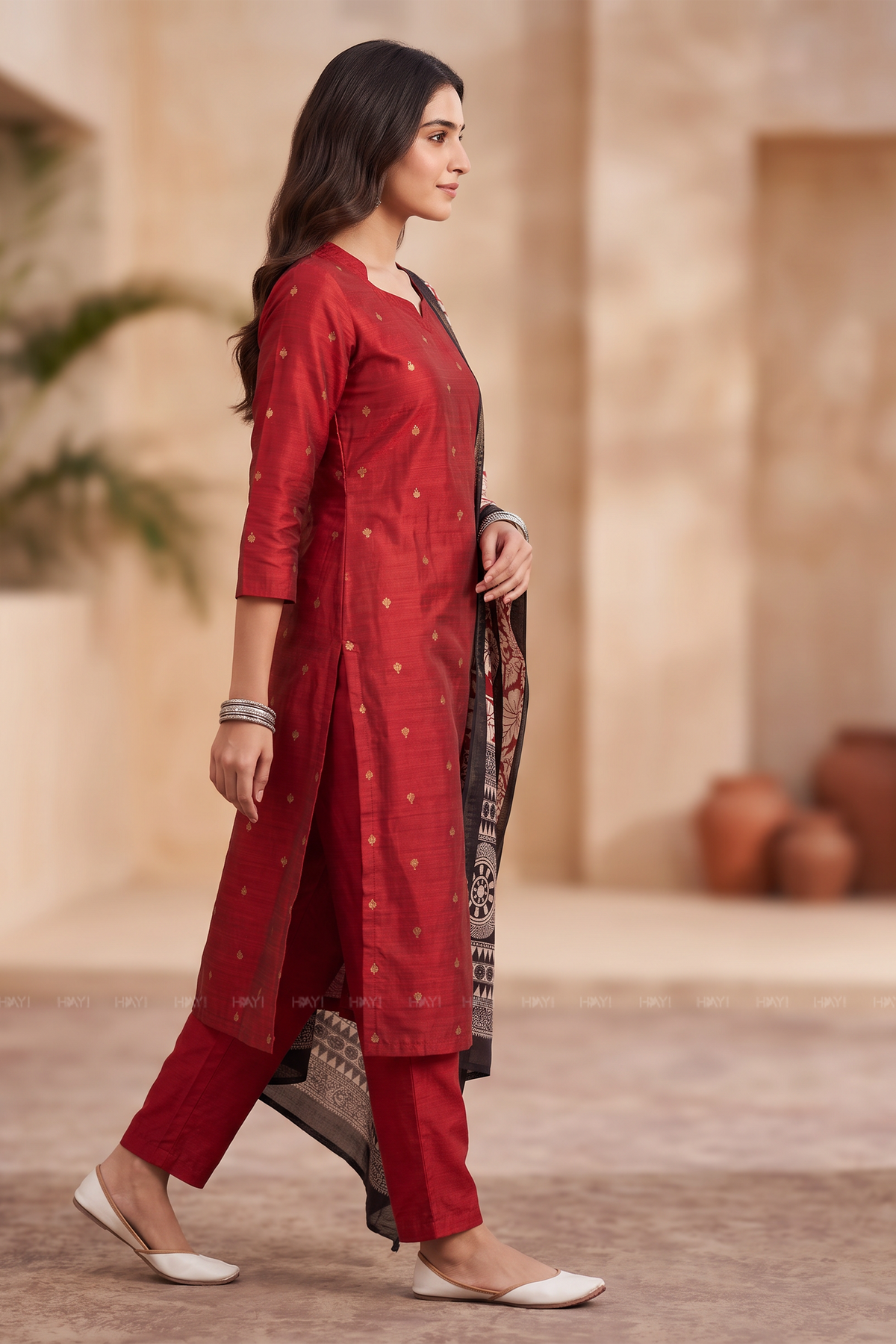 Amara Muse Red Silk Blend 3-Piece Handloom Woven Kurta Set