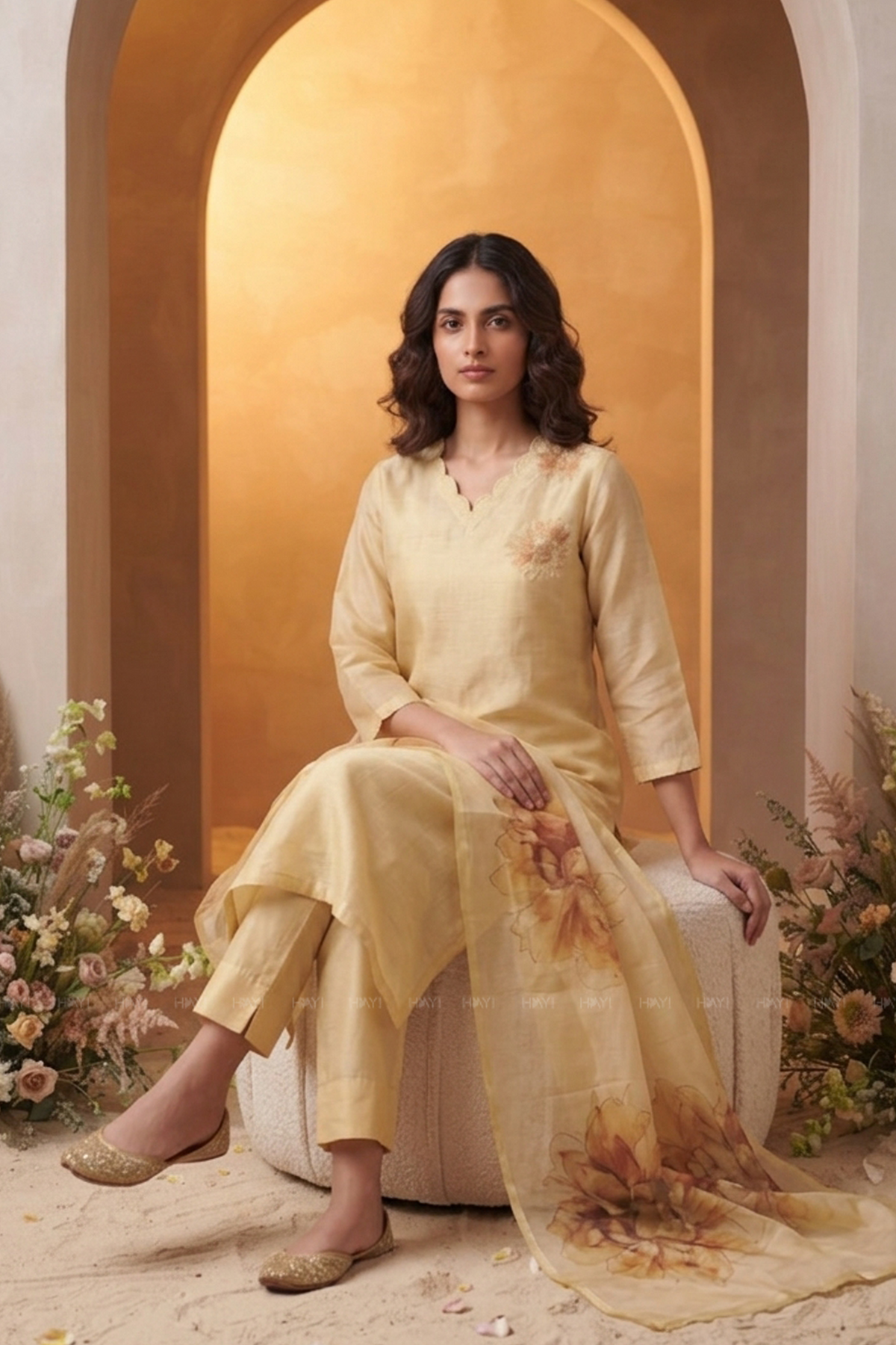 Mimsa Yellow Shimmer Tissue Kurta Set with Dupatta