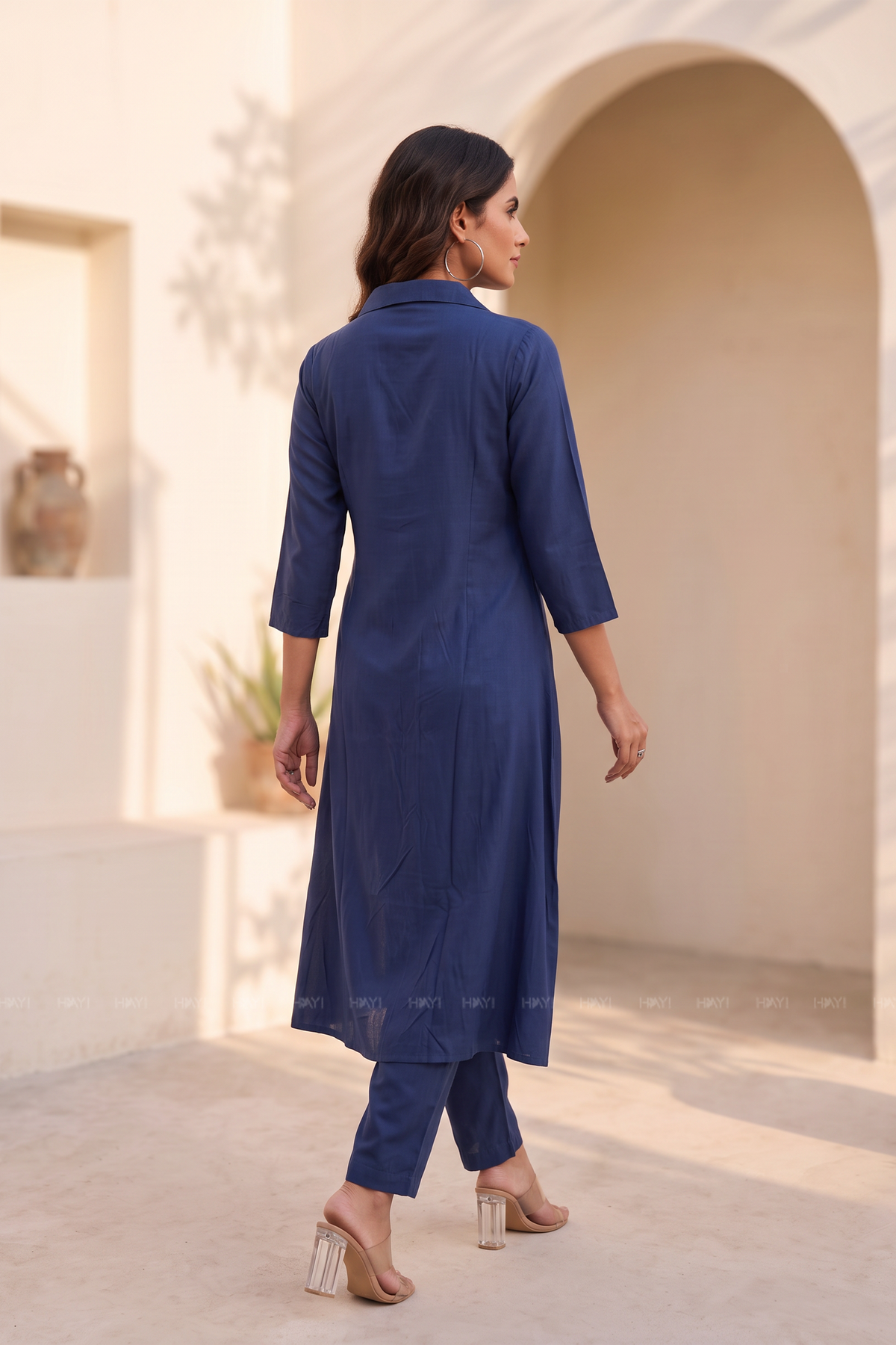 Sunflower Sapphire Floral Shirt Collar A-Line Dress