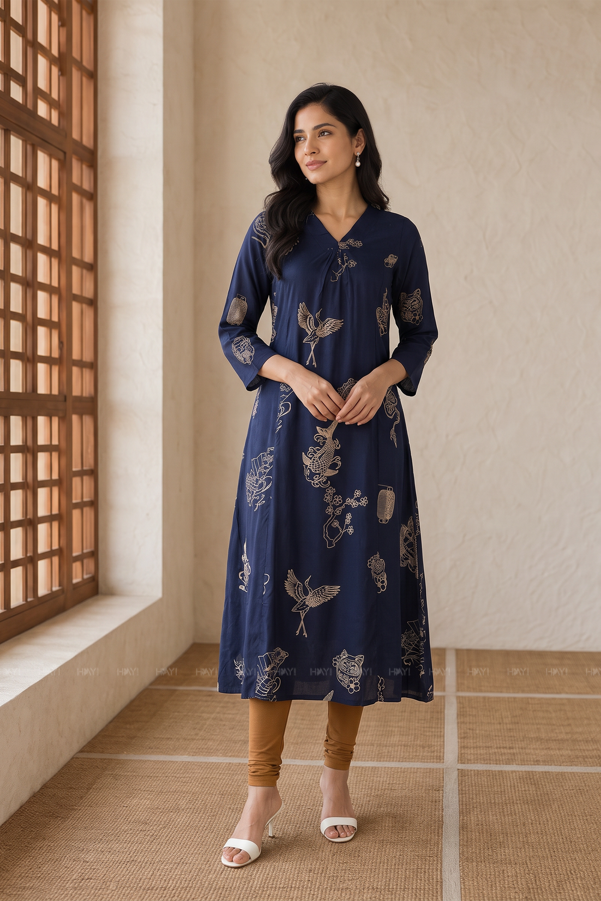 Midnight Crane Printed A-Line Kurta