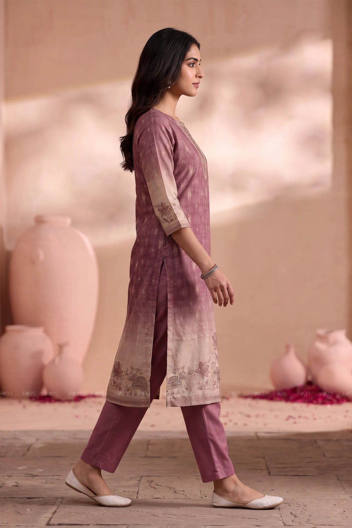 Royal Elephantino Pink Silk Blend Zari Weave 3-Piece Kurta Set