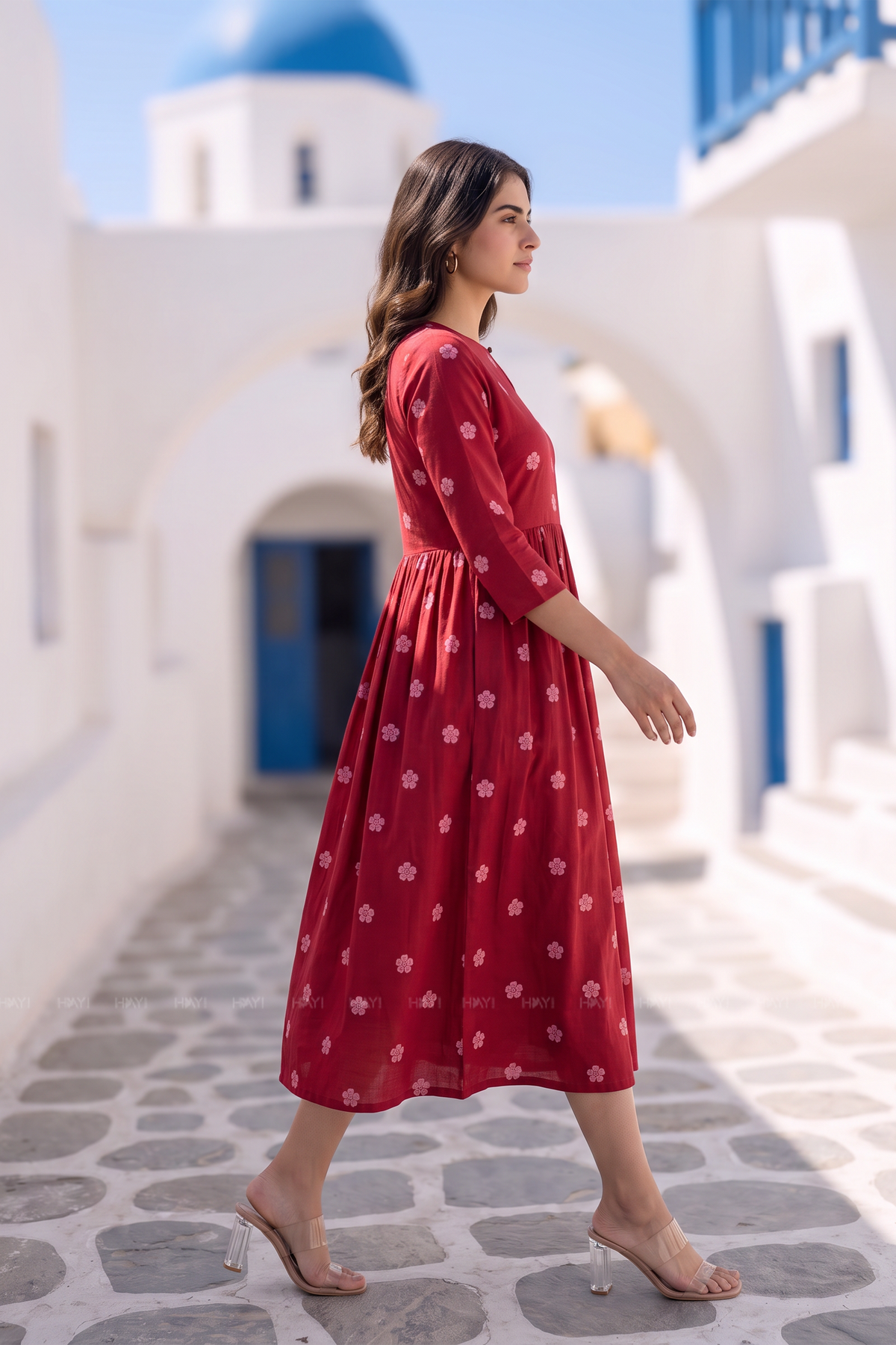 Ruby Meadow Red Viscose Printed Umbrella Dress