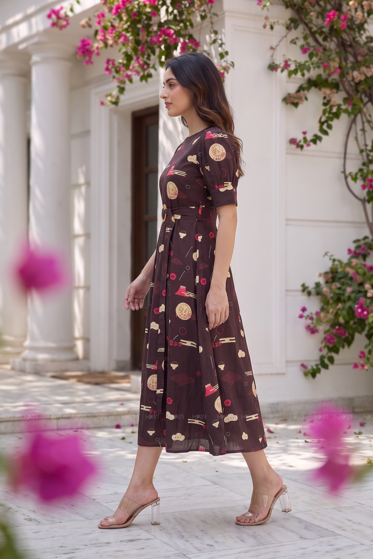 Brocade Lantern Brown Viscose Printed Umbrella Outfit