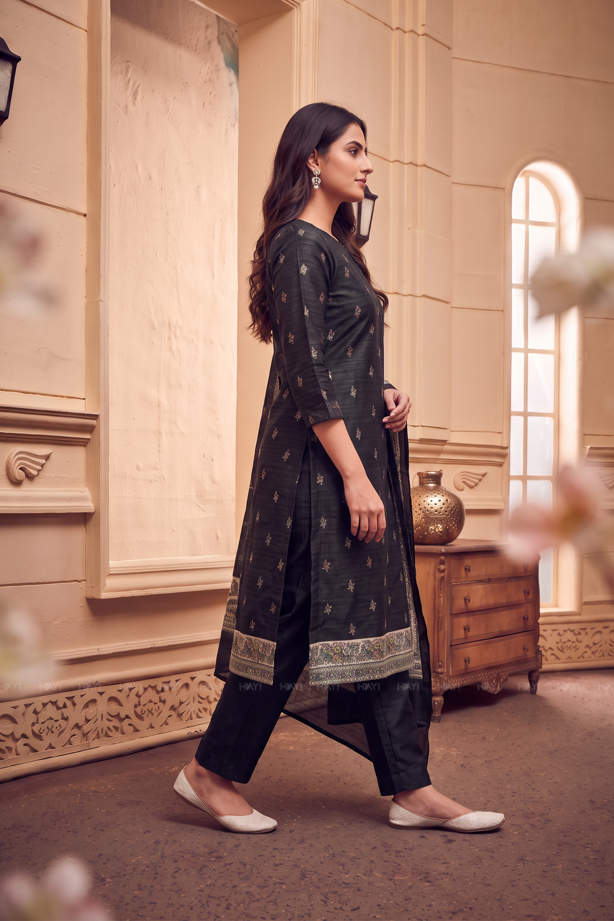 Moonlit Motif Black Silk Blend Printed 3-Piece Kurta Set