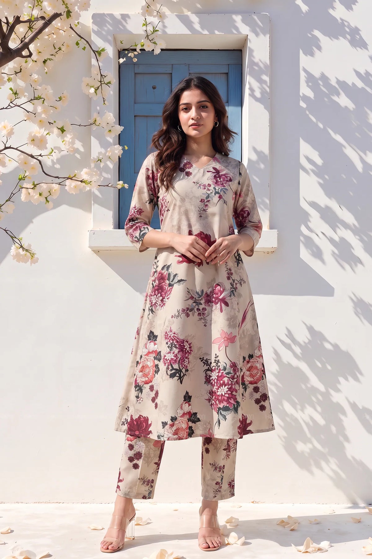 Winged Blossom White Silk Blend Printed Co-ord Set