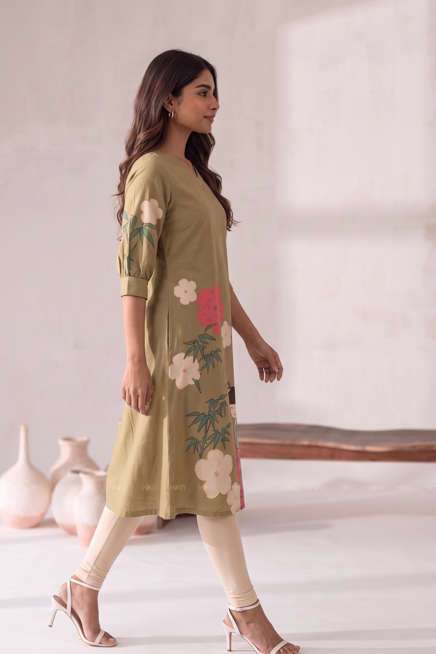 Peony Grace  V-Neck Printed A-Line Outfit