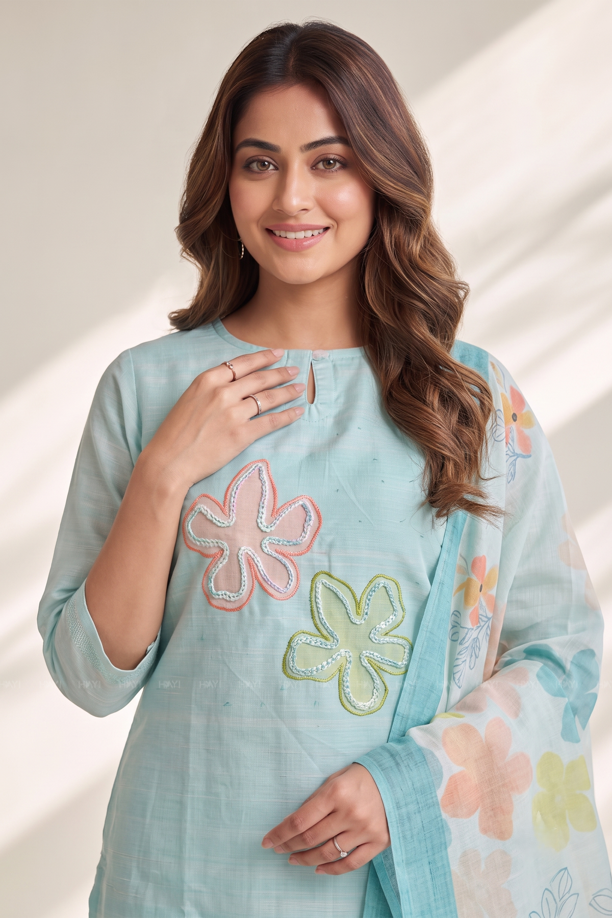 Blueish Blue 3 Piece Tussar Silk Blend Printed Hand-Embroidered Kurta with Pant &amp; Dupatta