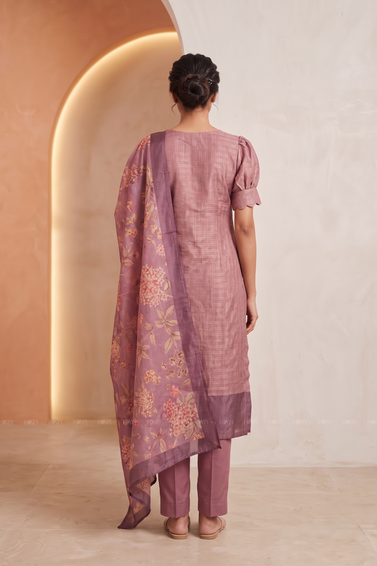Dusky Pink Satin Daman 3 Piece Silk Check Blend Floral Printed Kurta with Pant &amp; Dupatta