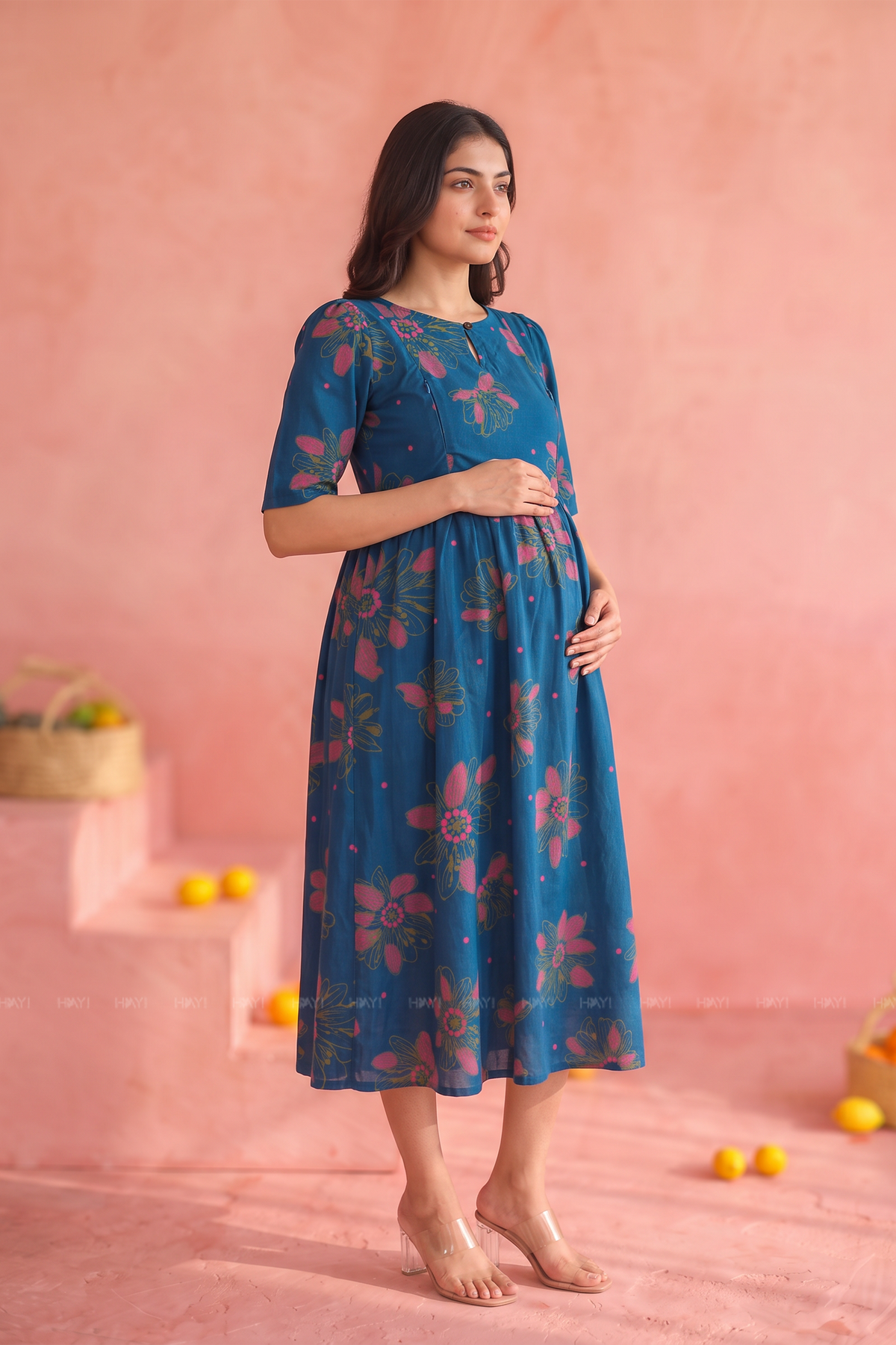 Bloom Tide Teal Floral Printed Maternity Maxi Dress