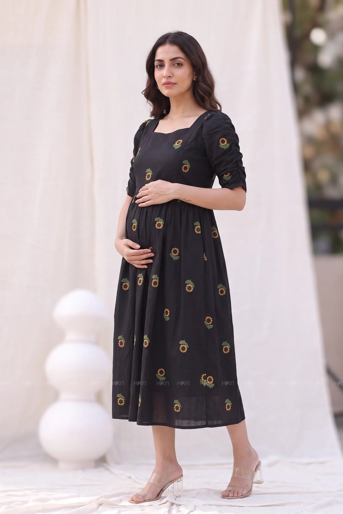 Daisy Dot Black Printed Maternity Maxi Dress with Side Zips