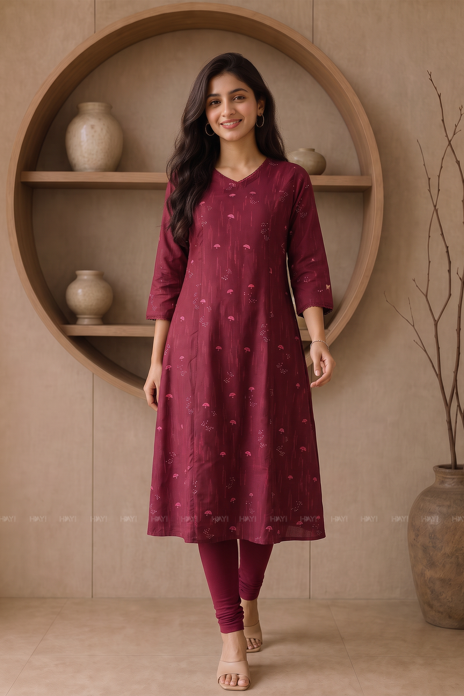 Burgundy Blossom Printed Red A-Line Kurta