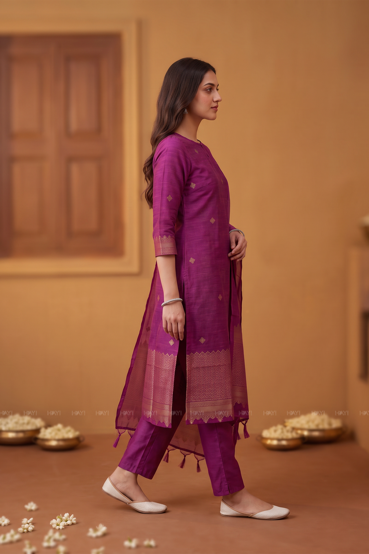 Purple Grace Silk-Blend Zari Weave 3-Piece Kurta Set