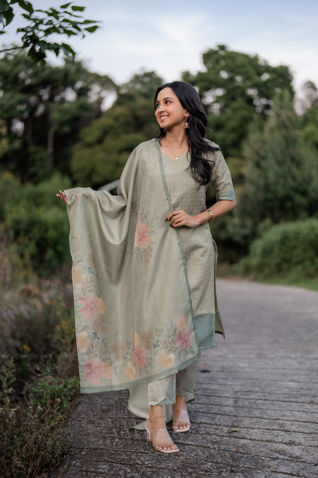 Olive Green 3 Piece Tussar Silk Printed Kurta Set with Dupatta