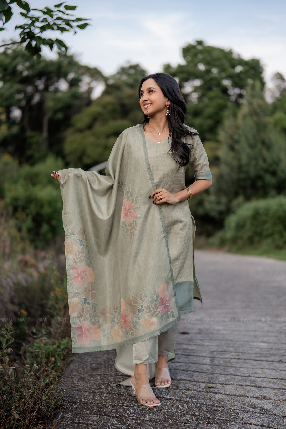 Olive Green 3 Piece Tussar Silk Printed Kurta Set with Dupatta