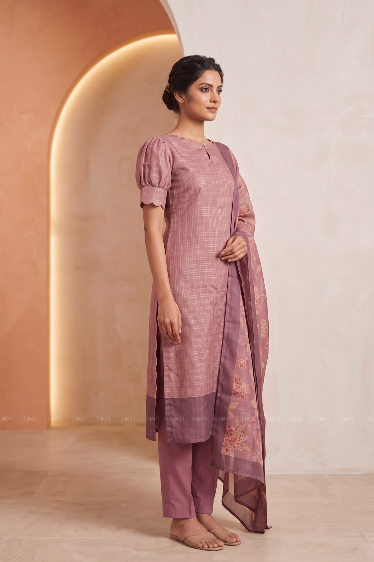 Dusky Pink Satin Daman 3 Piece Silk Check Blend Floral Printed Kurta with Pant &amp; Dupatta