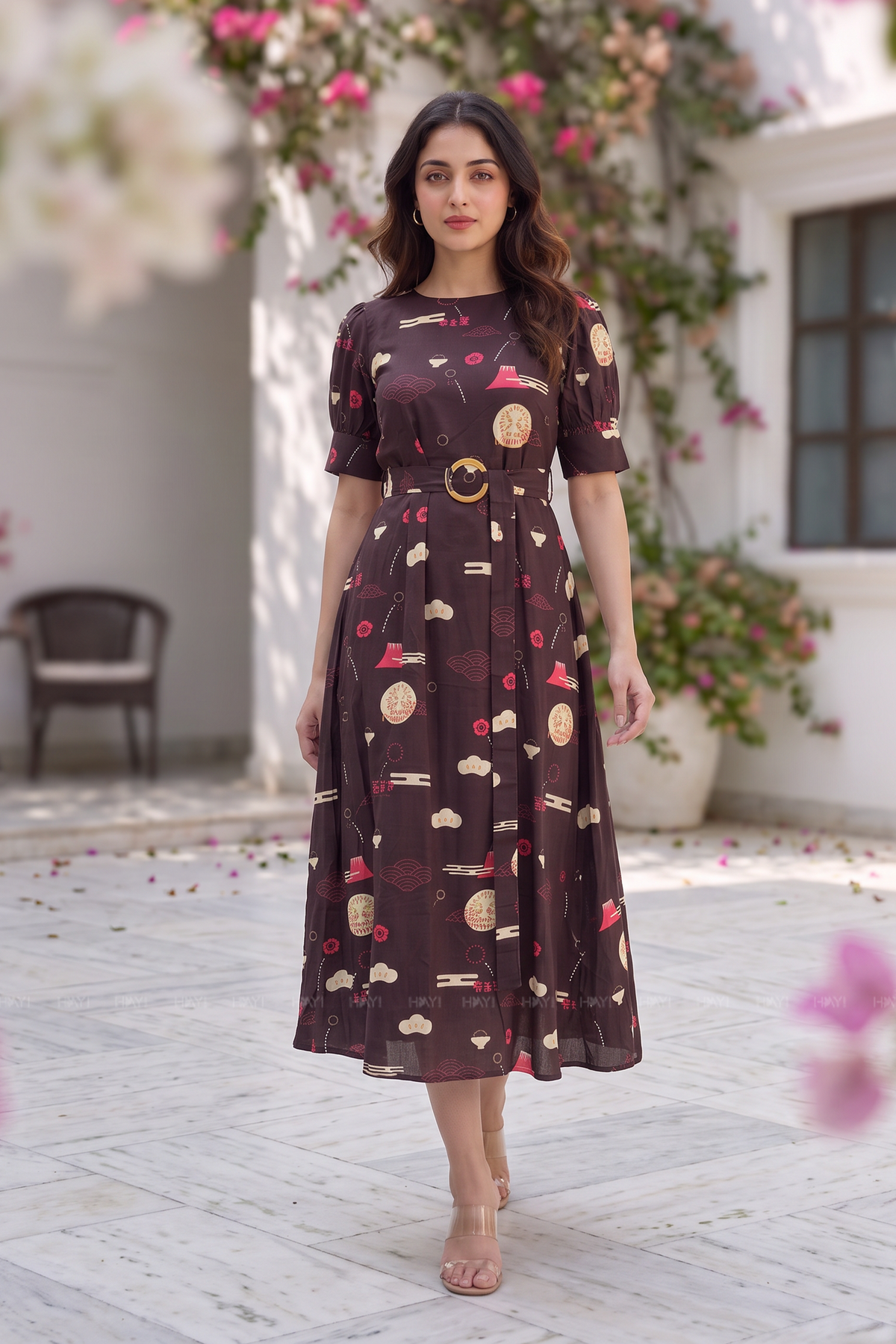 Brocade Lantern Brown Viscose Printed Umbrella Outfit
