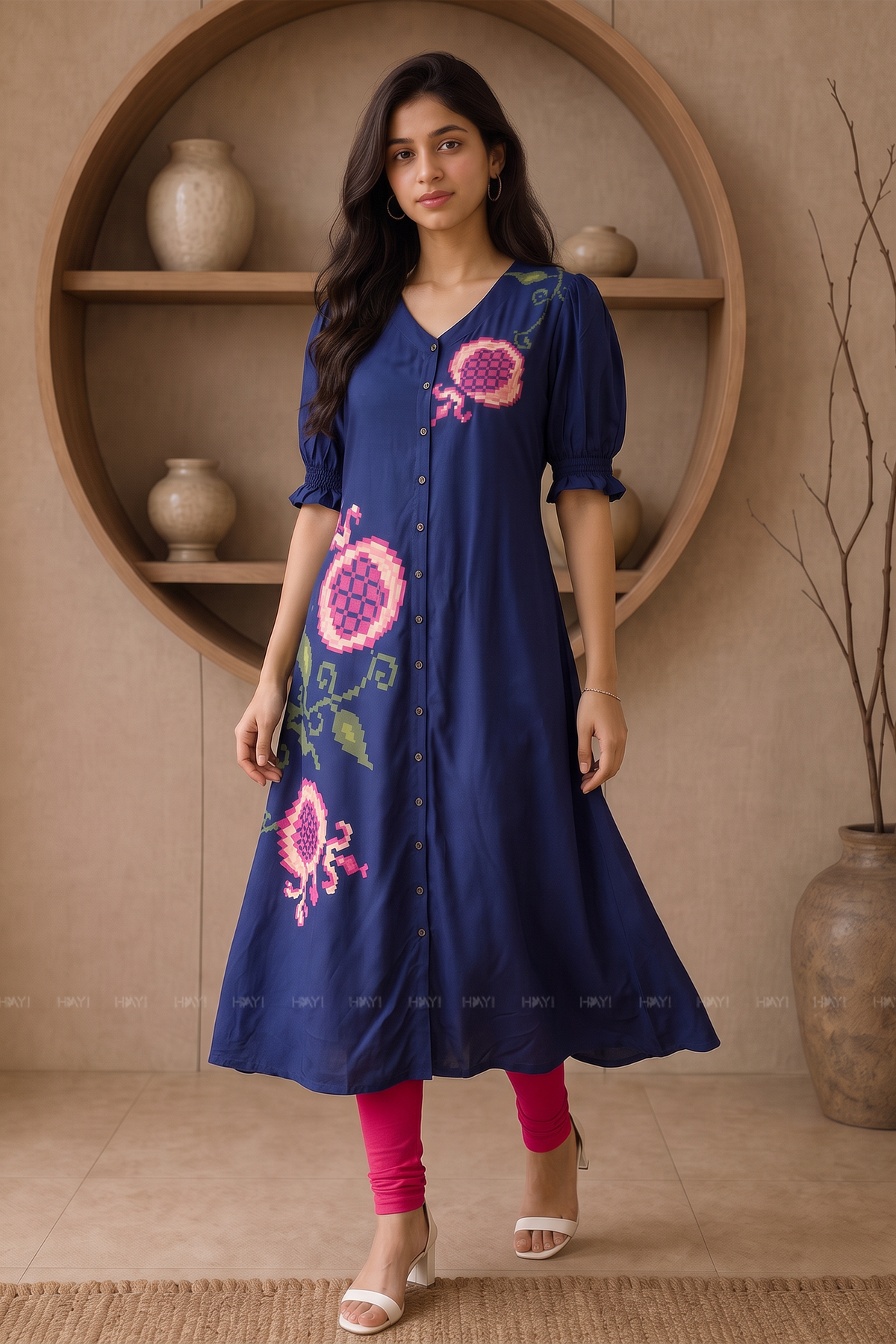 Midnight Rosette Blue  Printed Viscose Kurta